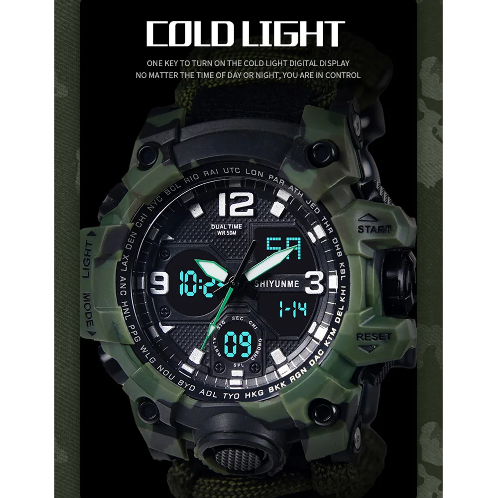 SHIYUNME Mens Military Wristwatch Compass Waterproof G Style Mens Sports Watch LED Quartz Dual Display Watches Relogio Masculino