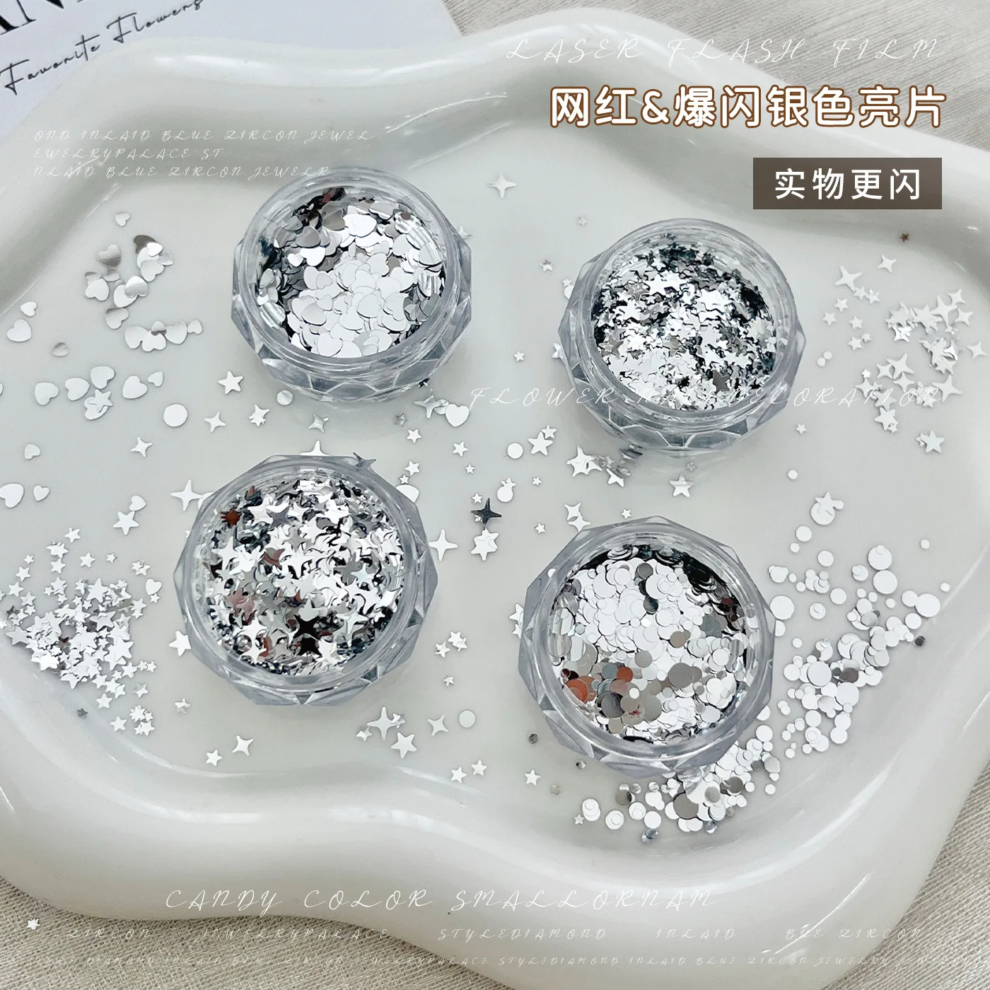 2Pots Silver Acrylic Star Heart Nail Art Sequins Starlight Decals For DIY Nails Decoration Design Manicure Supplies Material