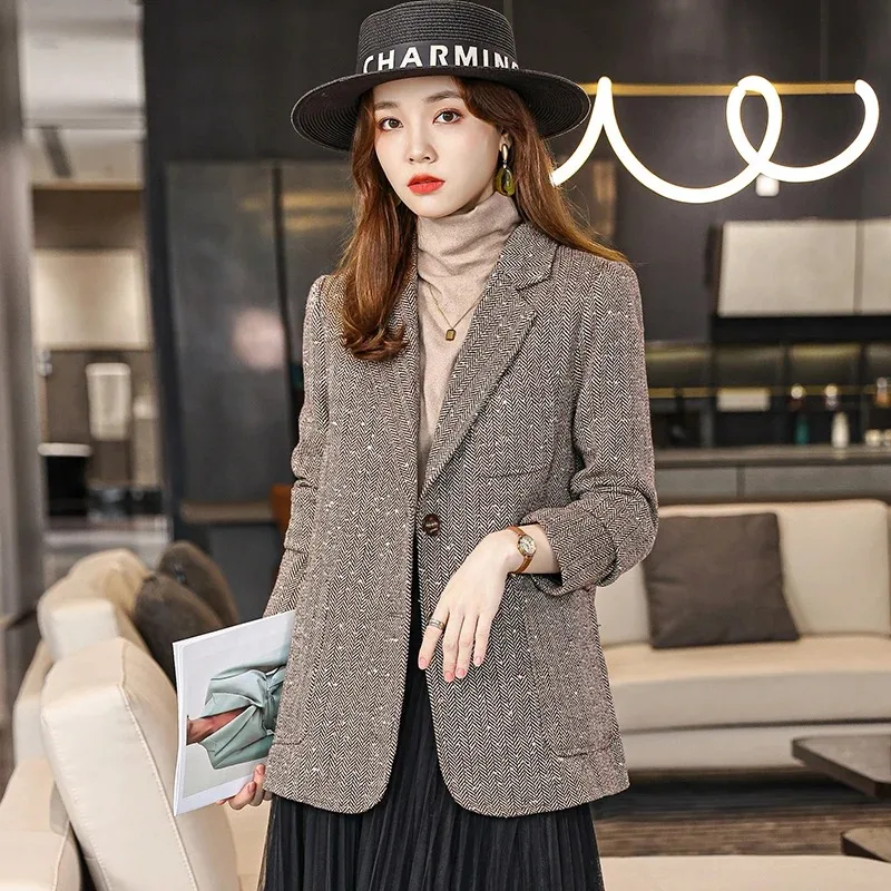 UNXX British Style Herringbone Texture Tweed Blazer Coat Retro Casual Solid Color Single-breasted Tweed Jackets Women Clothing