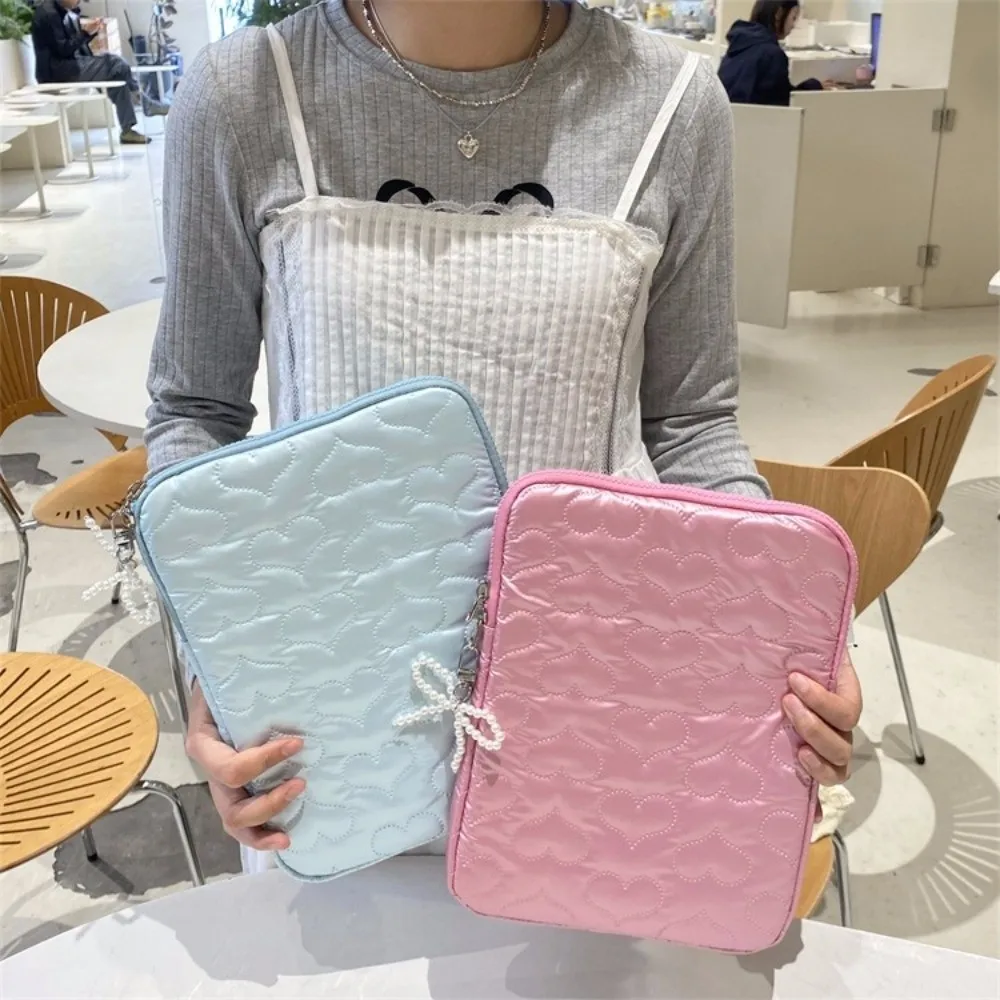 

PU Leather Pearl Tablet Storage Bag Puffy Design Large Capacity Computer Bag Heart Bowknot Shockproof Tablet Pouch for School
