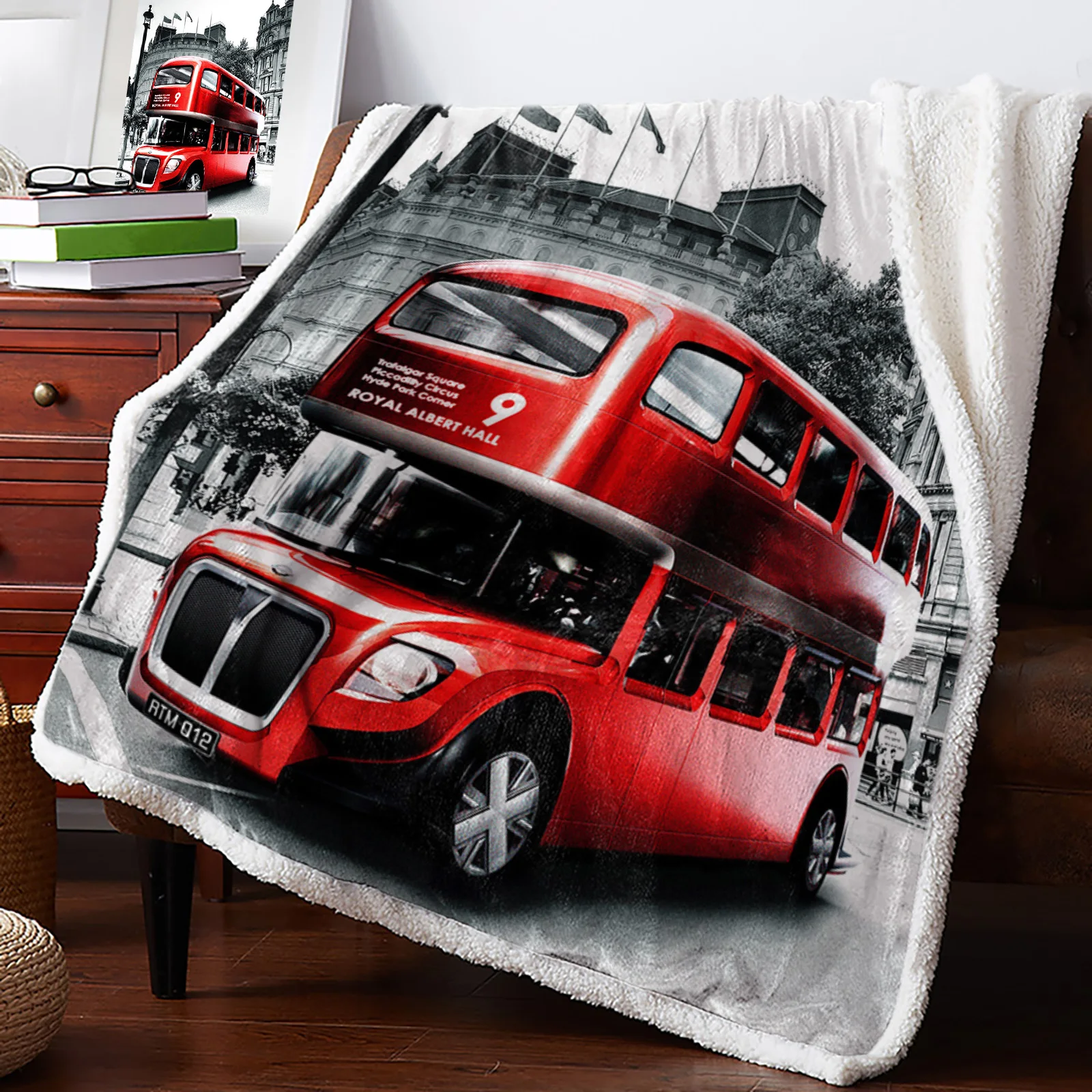 Red Bus London Street Scenery Home Decor Lamb Cashmere Bed Blanket Sofa Winter Warm Duvet Cover Kids Bedspread