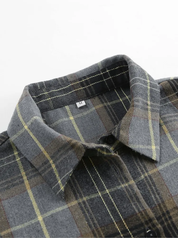 Primavera Autunno Nuovi Top Moda Camicia da donna scozzese allentata Camicette a maniche lunghe con risvolto vintage Elegante top classico Abbigliamento femminile