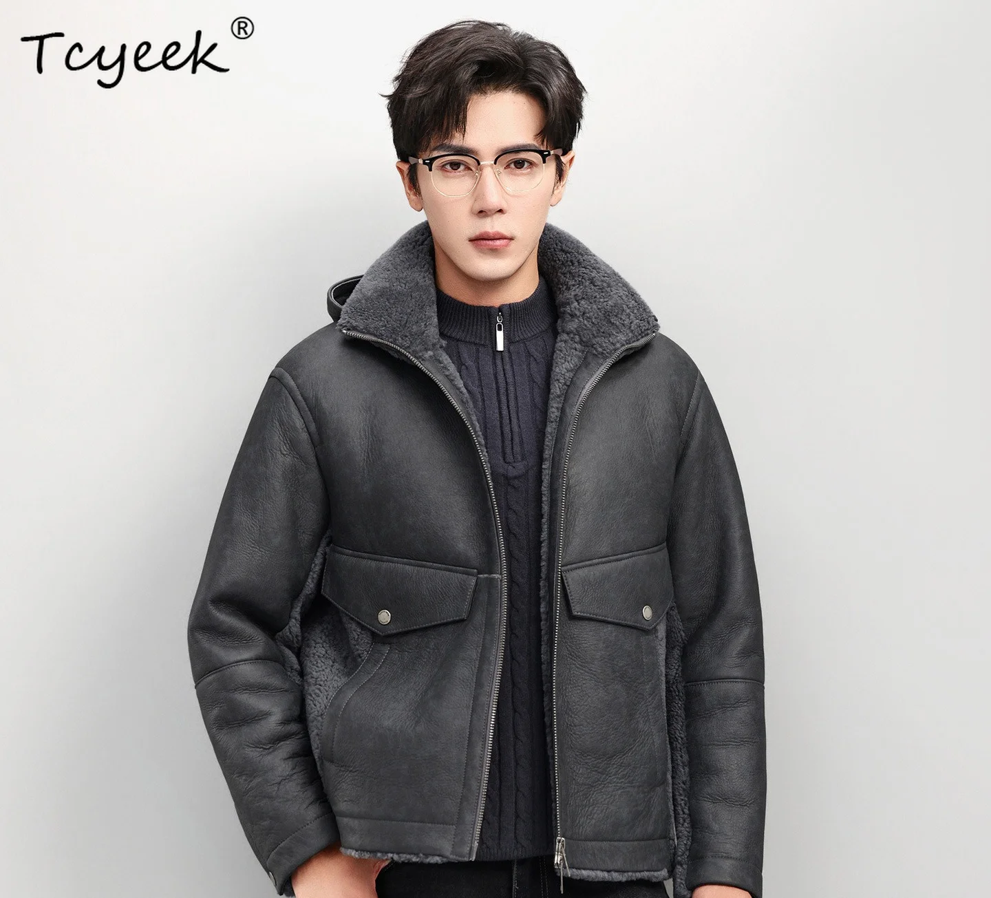 Tcyeek Natural Sheep Fur Winter Coat Men Hoodie Real Leather Jacket Man Warm Mens Coats Loose Fit Lamb Wool Motocycle Jackets