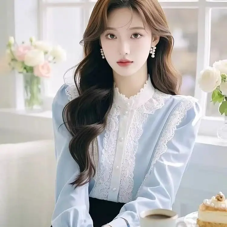 Blue Palace สไตล์ High-end Lace Splicing ออกแบบเสื้อผู้หญิง Chic STAND COLLAR Niche Unique TOP