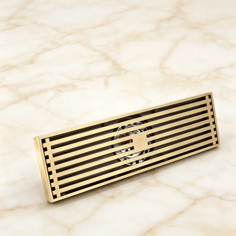 Solid Copper Floor Drain Cover 8x30CM Antique Brass Shower Waste Drainer Bathroom Strain