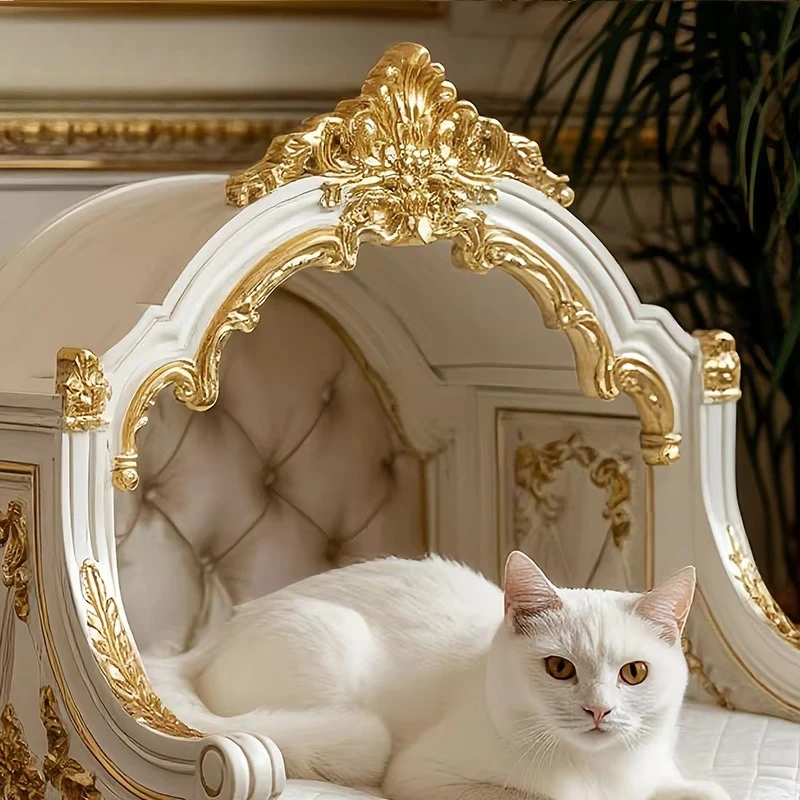 Cat Castle Villa is a luxurious French solid wood cat bed dog house with an indoor pet bed