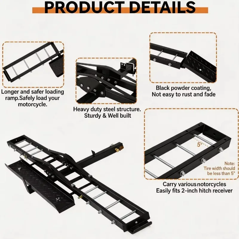 【2026】2 Inch Receiver Foldable Steel Motorbike Cargo Hauler Hitch Rack 500LBS Anti-Tilt Bike Ramp Ratchet Straps Moped Ebike Tru