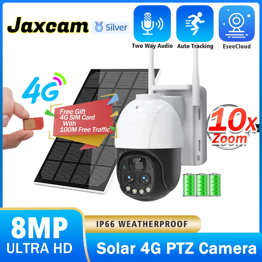 

10X Zoom 4K 8MP 4G Solar Camera Powered Battery IP PTZ Security Camera Two Way Audio PIR Detection Wireless Outdoor CCTV Camera