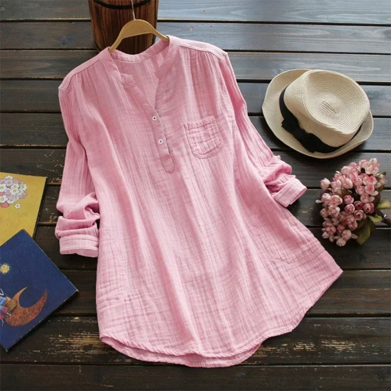 

S-5XL Fashion Womens V Neck Long Sleeve Button Blouse Plain Ladies Casual T-shirt Office Solid Color Tops Pullover FEE-2987