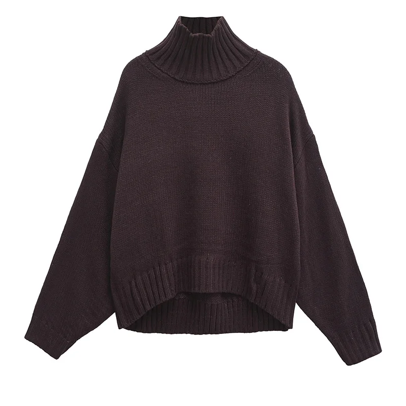 Elegant Plain Knitted Turtleneck Sweater Dark Brown Casual Long Sleeves Loose Pullover Knitwear Lady Fashion Clothing Streetwear