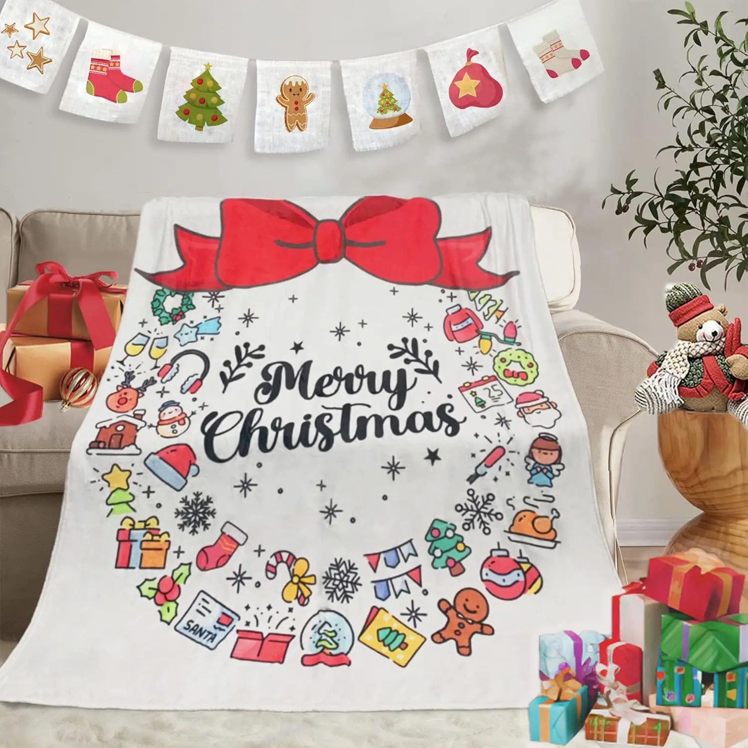 

Christmas Holiday Theme Home Décor Flannel Blanket | Delicate Convenient Warm Winter Cabin For Bed Couch and Gift