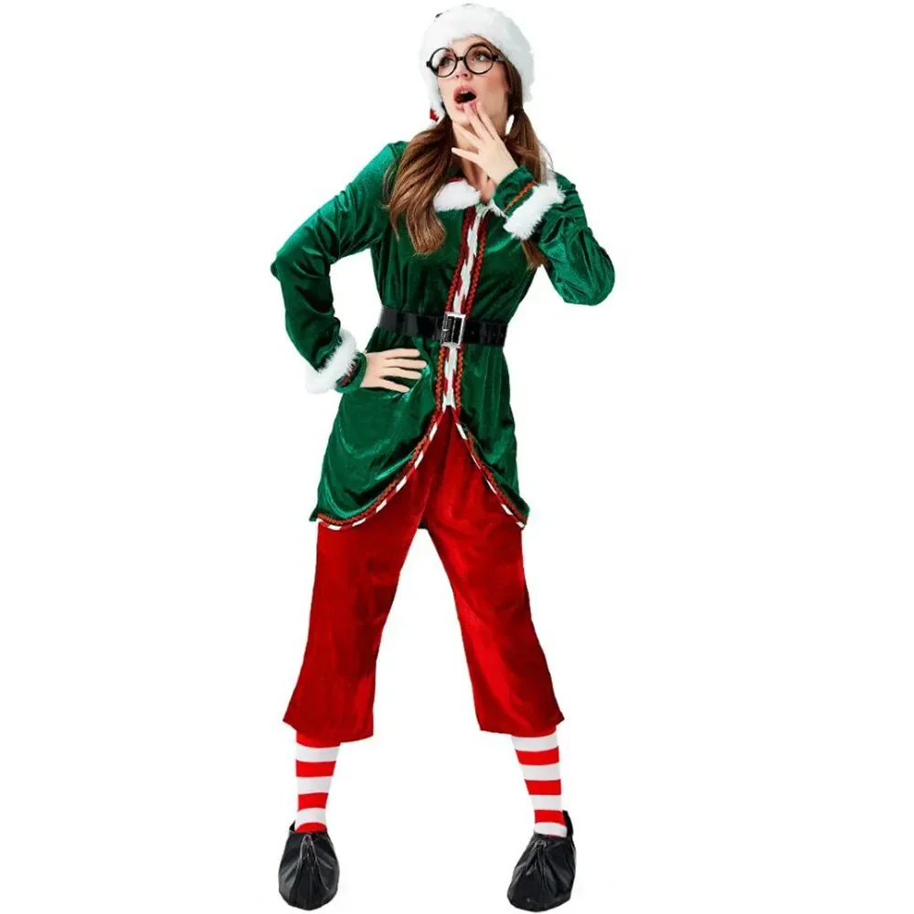 Deluxe 6Pcs Women's Christmas Costume Cosplay Santa Claus Uniform Suit For Adults Green Elf Xmas Holiday Party Fancy Dress