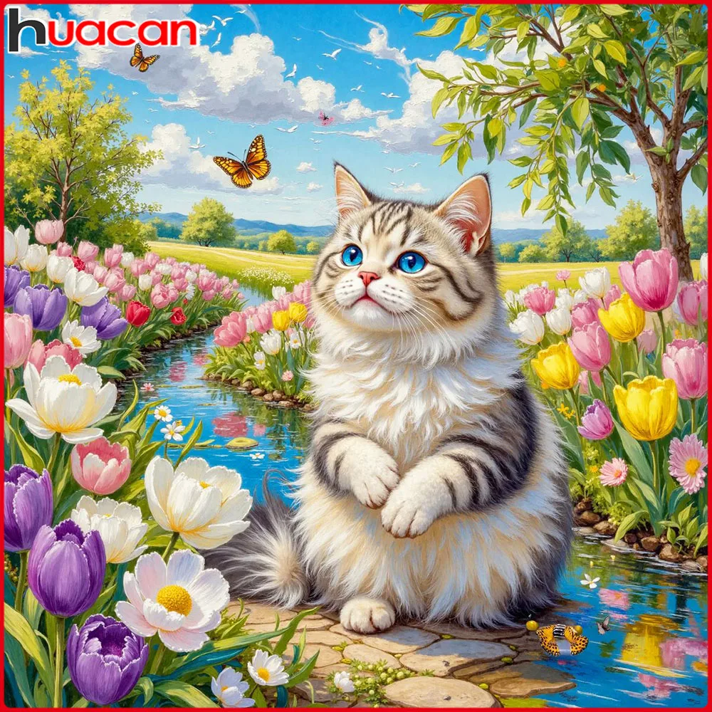 Huacan Neuheiten 2026 Diamantmalerei Katze Tulpe Diamant-Mosaik Tier-Blumen-Sets Handgemachtes Geschenk