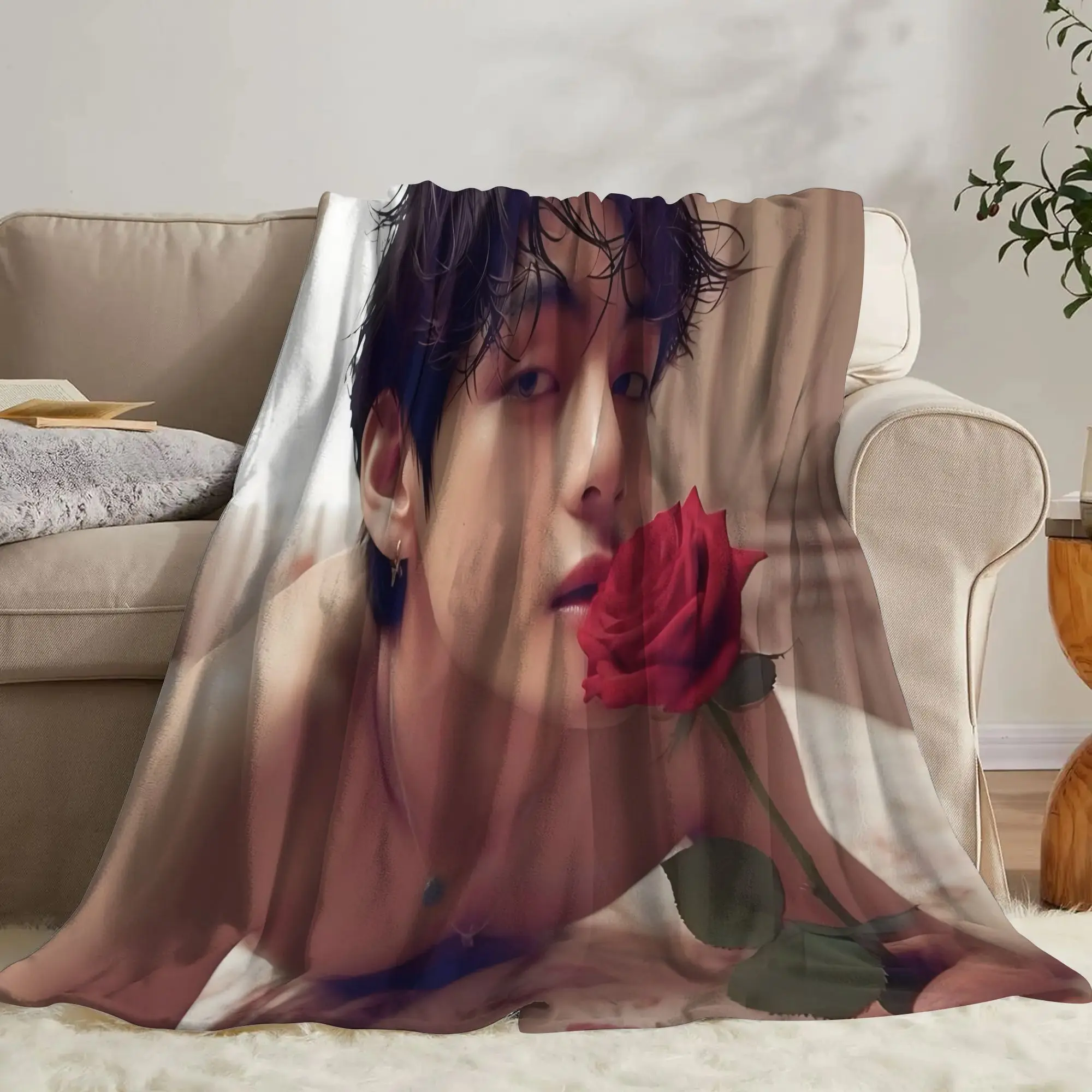 Aesthetic Romantic Portrait Art Throw Blanket Polyester Cozy Fleece Plush Gift for Boyfriend Couple Decor Korean Anime Style Win