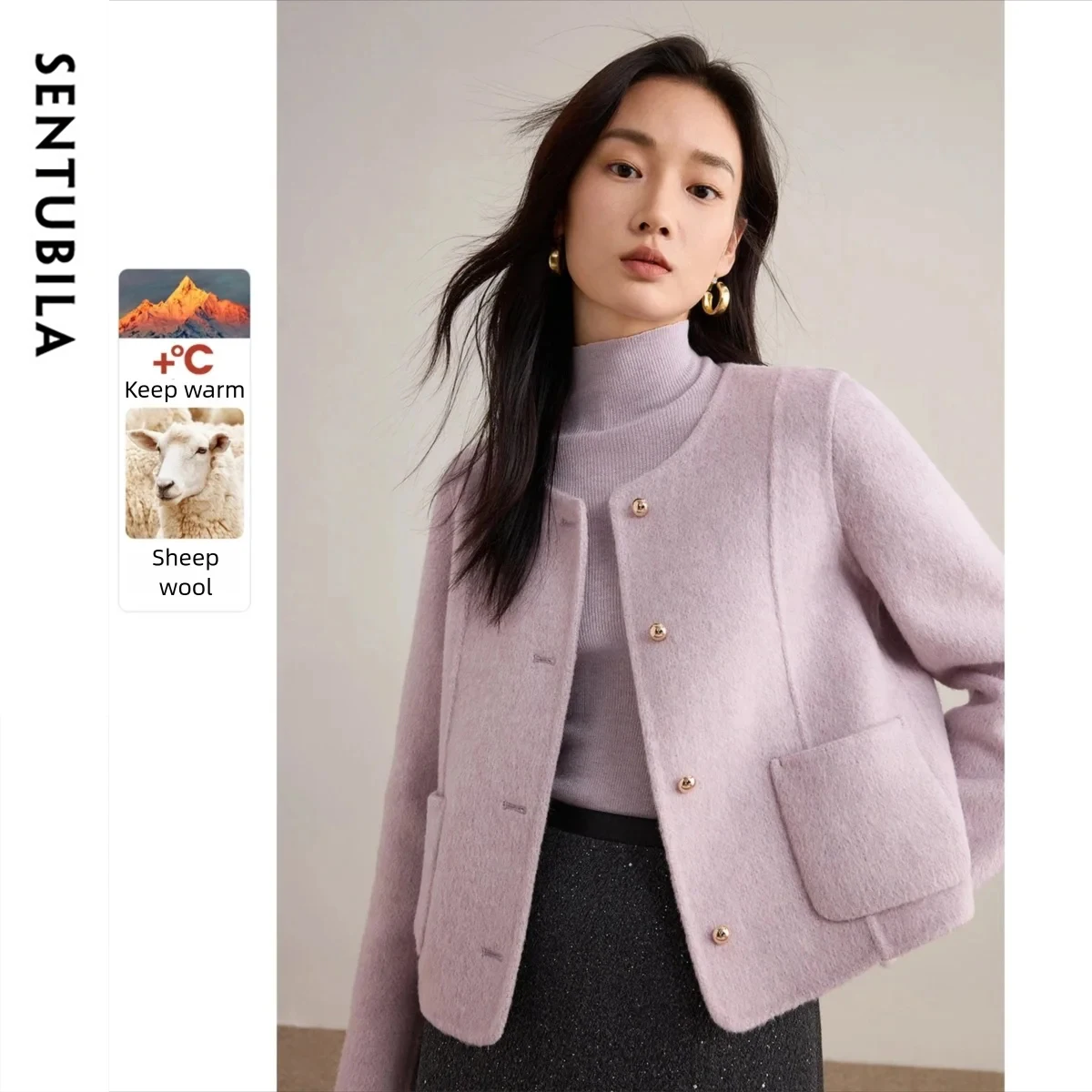 

SENTUBILA Women's Short Woolen Coat 2025 Winter O-neck Long Sleeve Jackets Double Sided Wool Cardigan Female Clothing W54OG2739