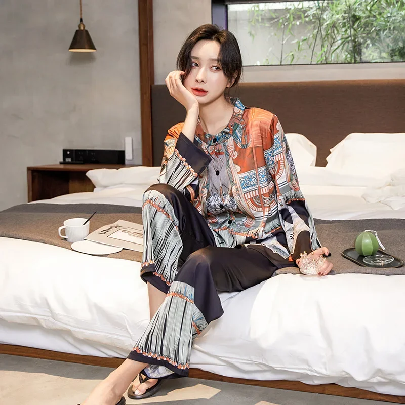 New Women's Pajamas Set Bohemian Style Folk Print Sleepwear Small Collar Silk Like Leisure Home Clothes Nightwear пижама женская