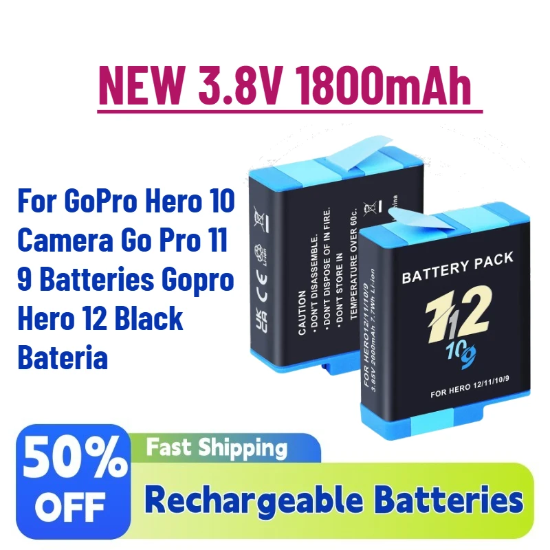 

High-Performance 3.8V 1800mAh Rechargeable Battery for GoPro Hero 10 Camera Go Pro 11 9 Batteries Gopro Hero 12 Black Bateria