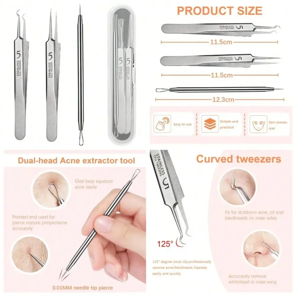 

Professional Blackhead Tweezers Comedone Extractor Tool Acne Pimple Popper Kit With Milia Remover And Ingrown Hair Tweezers