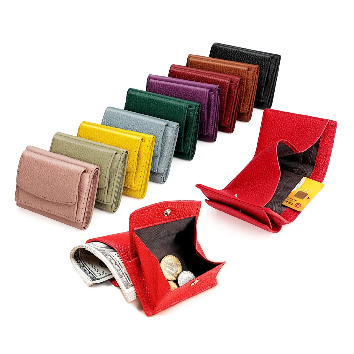 Real Leather Japanese Style Womens Purse Short Trifold Fashion Small Ins Wallet RFID Credit Card Pouch Coins Pocket