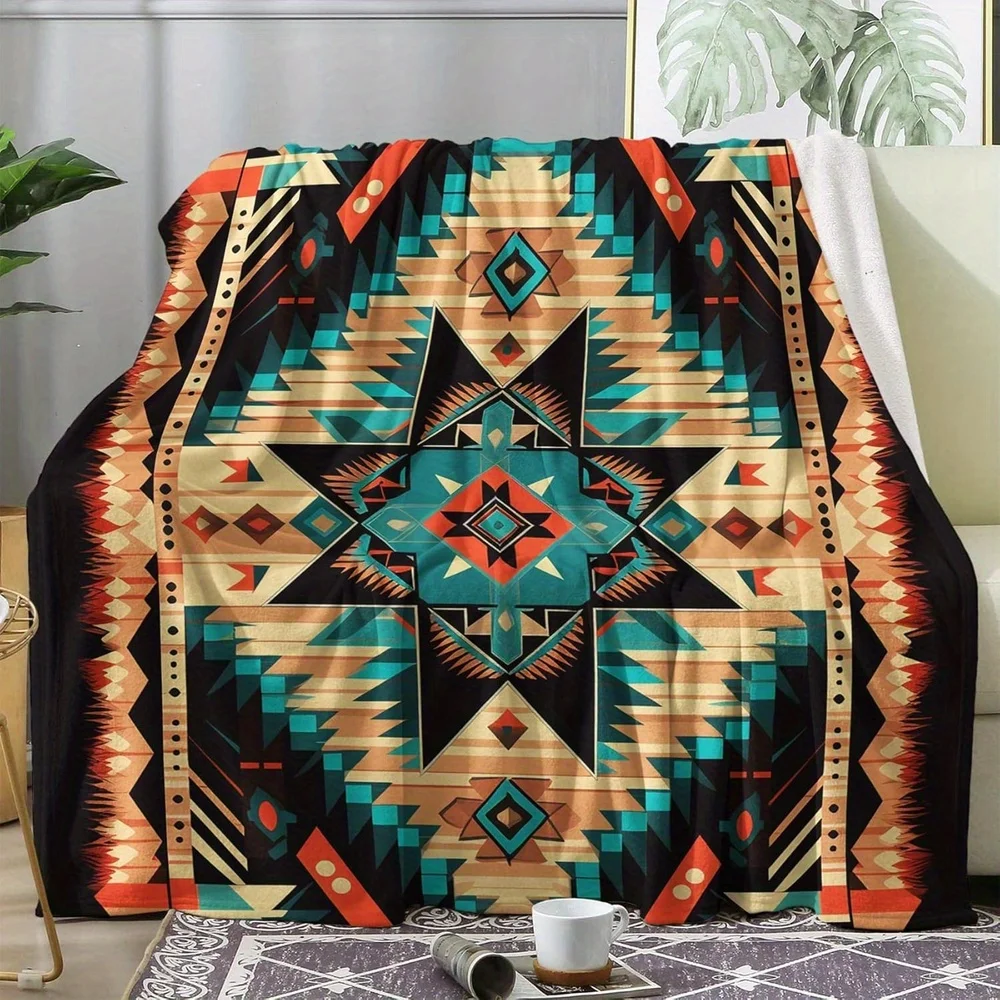 Western-style extra-large blanket, southwestern Aztec style pattern, super soft and comfortable suede, double-sided usable, suit