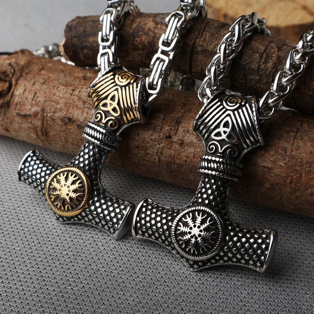 

Retro Viking Thor's Hammer Pendant Necklace Men Stainless Steel Norse Vegvisir Compass Necklace Chain Jewelry Gift Dropshipping