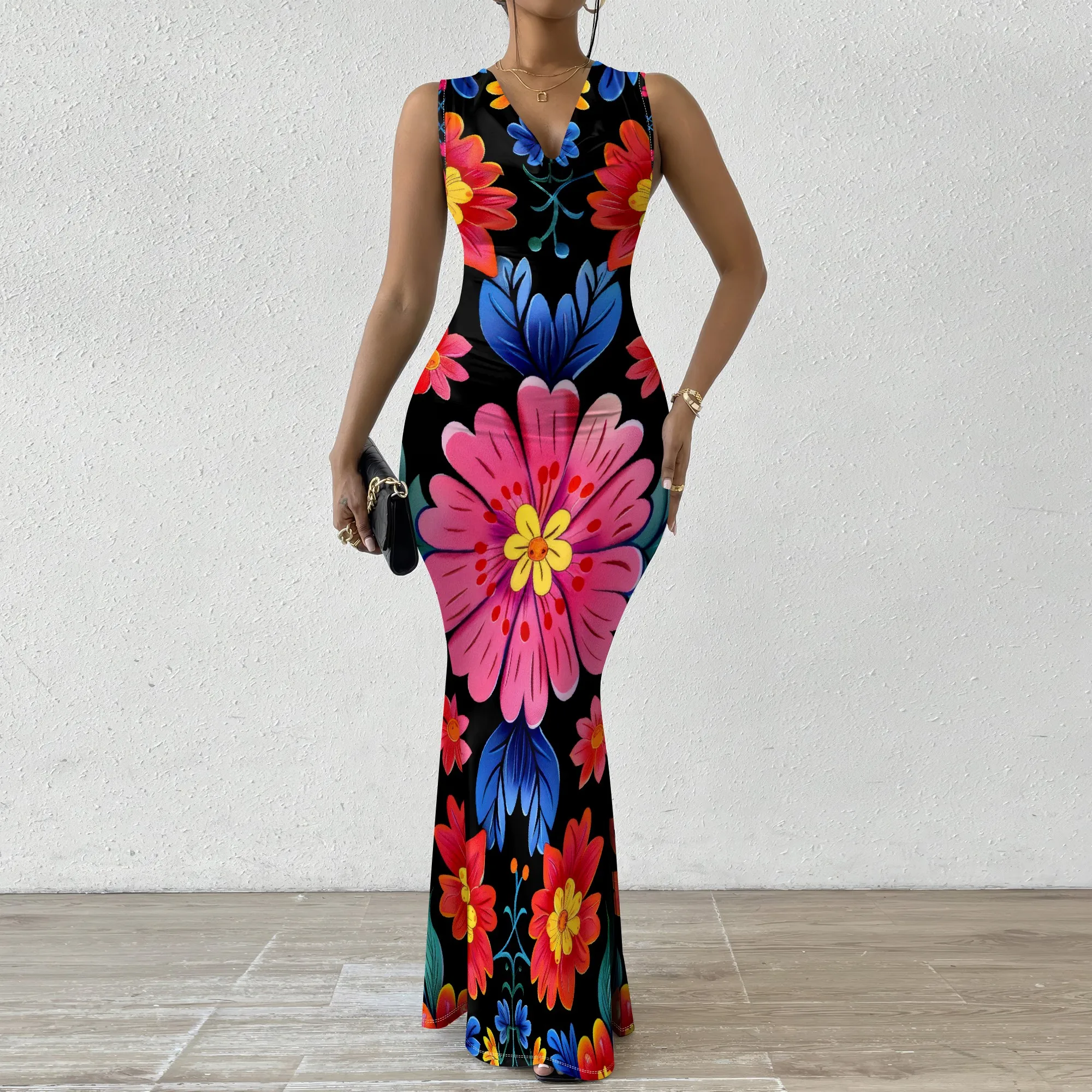 

Boho Floral Print Maxi Dress Colorful Folk Style Sleeveless Bodycon XS-2XL Summer Festival Outfit