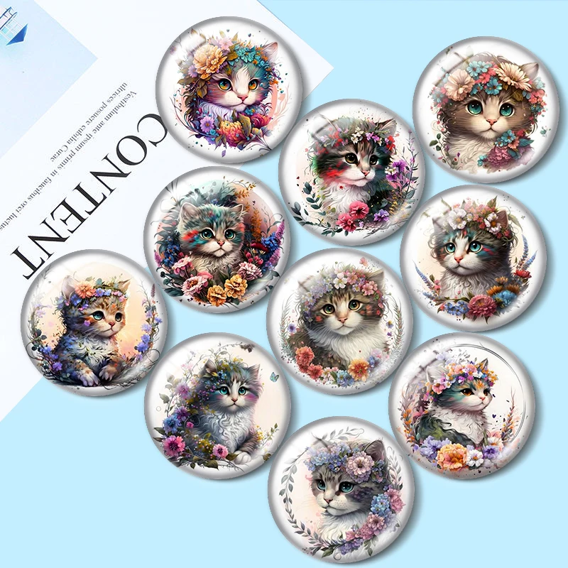 Floral Kitten Clipart American  10pcs 12mm/18mm/20mm/25mm Round photo glass cabochon demo flat back Making findings