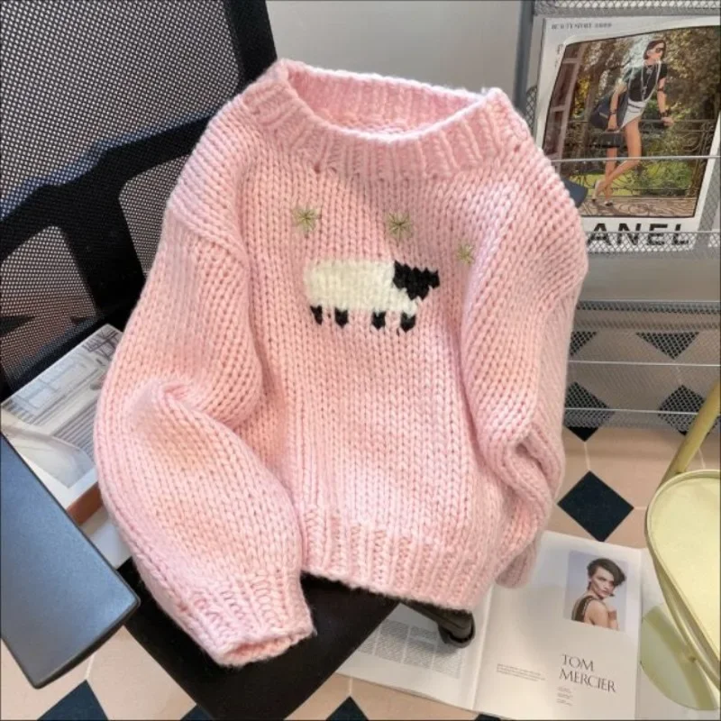 Preppy Style Cartoon Knitted Women Korean Sweet Short Sweaters Pink Y2k Kawaii Sheep Pullovers O Neck Sueter Mujer