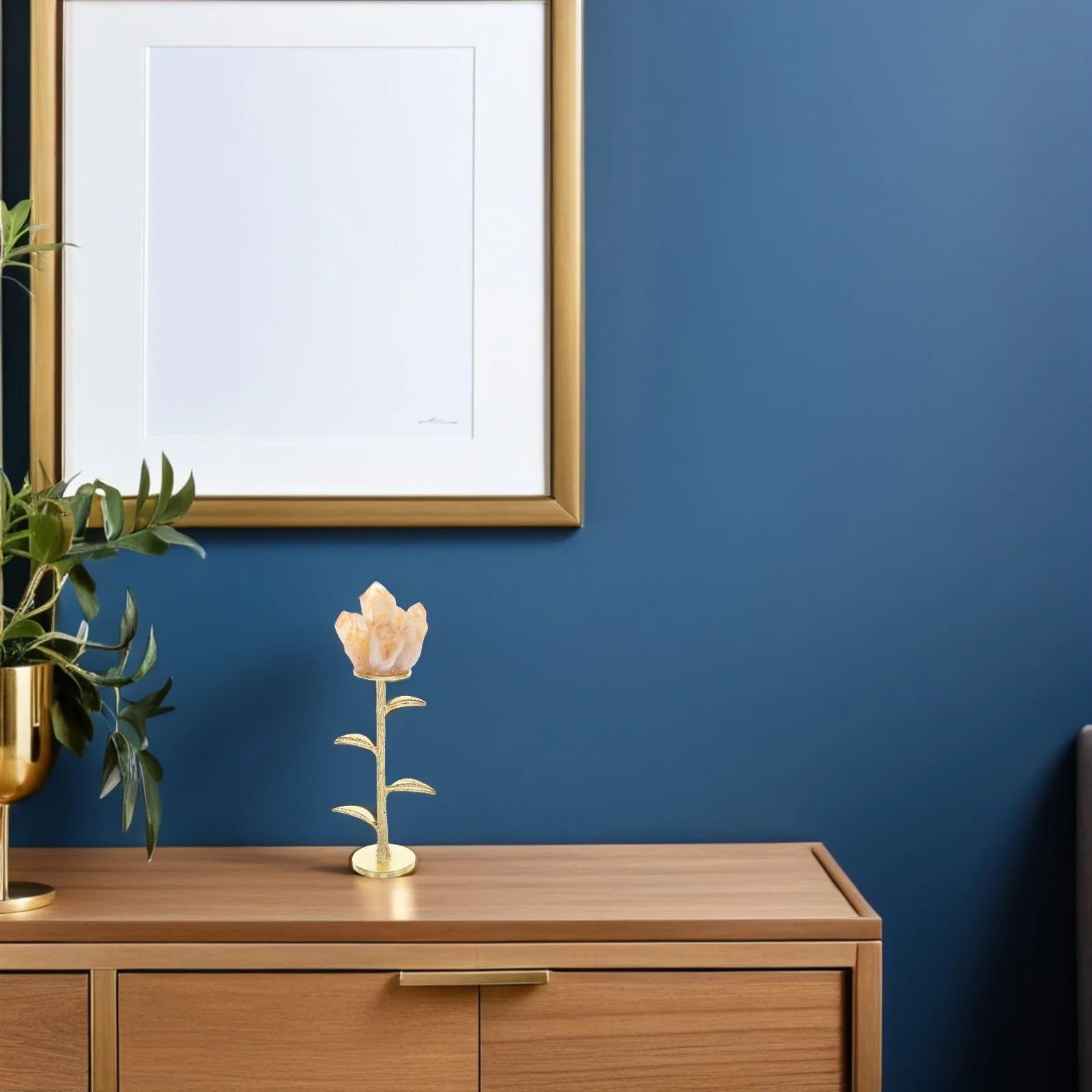 

Crystal Flower Ornament: Citrine Quartz Metal Stem Faux Floral Decor For Home Office Desk Table Wedding Valentine'S Day