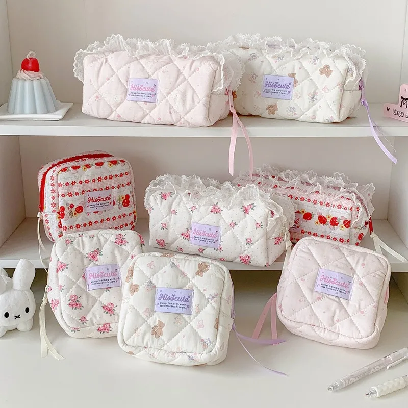 Lace Trim Cosmetic Bag Bow Strawberry Rose Storage Pouch Small Large Size Student Stationery Makeup Organizer for Travel Lipstic