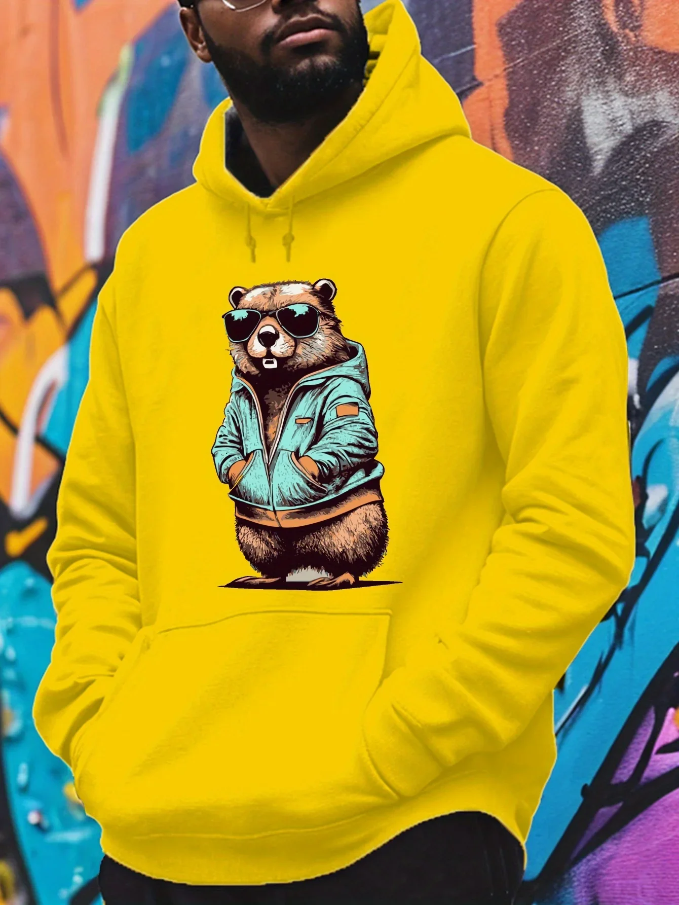 Stylish Dressed‑Up Groundhog Hoodie Retro Cartoon Animal Streetwear Pullover Unisex Oversized Fleece Hoodie Fall Winter