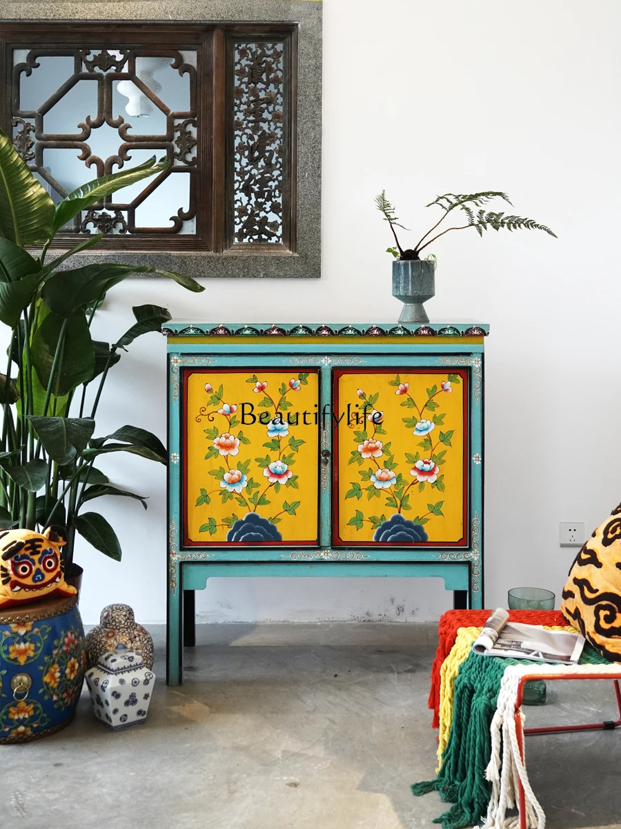 

New Chinese painted retro solid wood porch cabinet made old hand-painted furniture