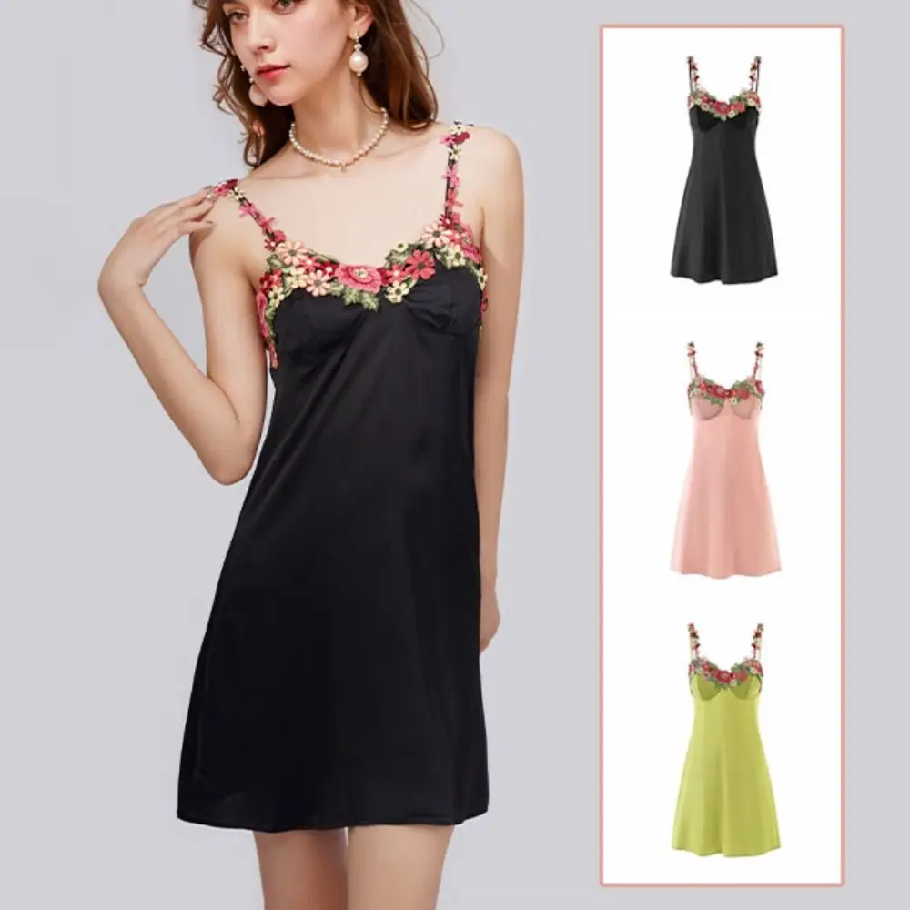 Flower Embroidery Women's Pajama Dress Sleeveless Beauty Back Satin Silk Suspender Nightdress Sleepwear Thin
