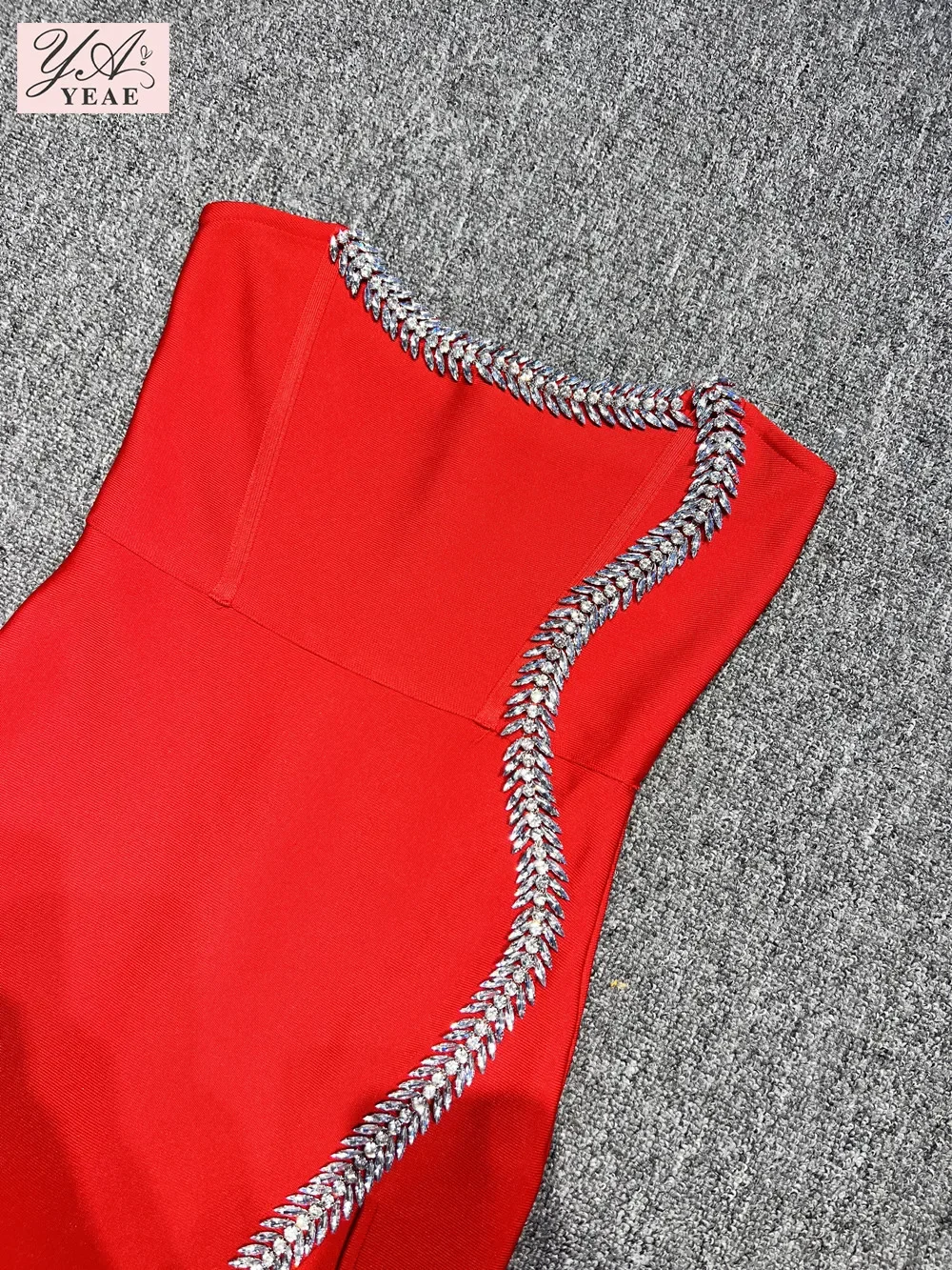 2024 New Arrival Red Color Women Sexy Strapless Diamond Line Bodycon Bandage Long Dress High Split Fashion Evening Party Outfit