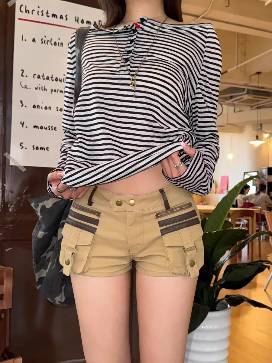 Women Khaki Y2k A-line Denim Shorts Vintage Harajuku Hot Cargo Jeans Shorts Low Waist Mini Short Pants Emo 2000s Clothes Summer