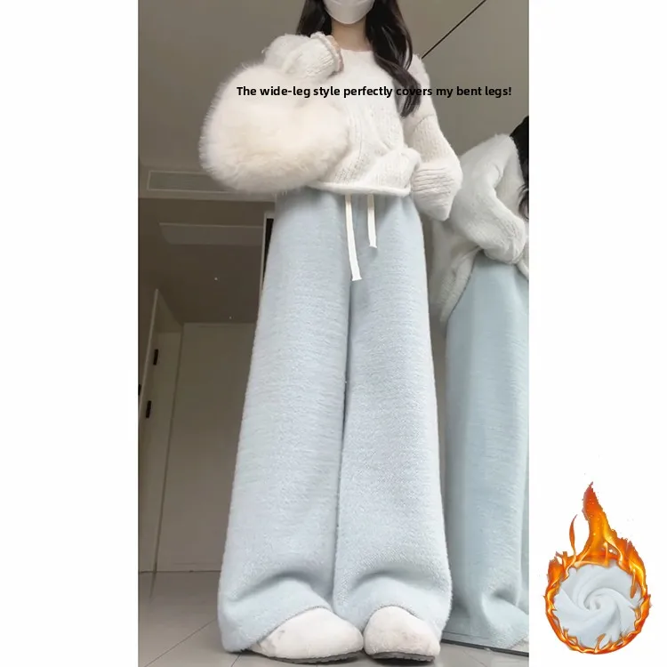 Niebieskie ocieplane spodnie damskie na jesień i zimę, nowe, z futerkiem z norek, z wysokim stanem, proste nogawki, styl casual.