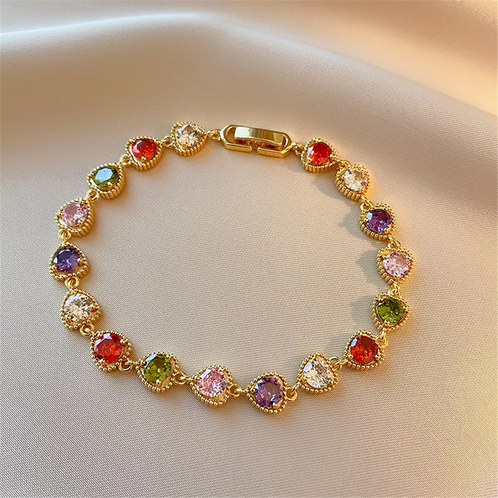 Charm Female Rainbow Zircon Stone Heart Bracelet Cute Yellow Gold Color Adjustable Wedding Jewelry For Women