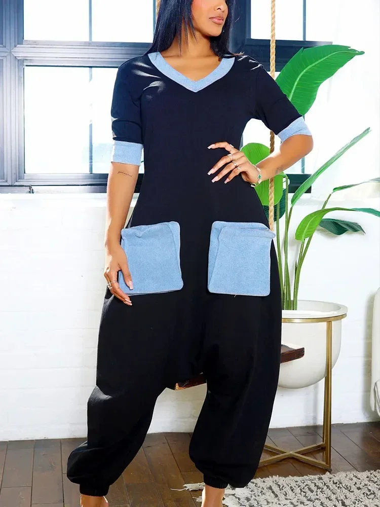

Streetwear Casual Jumpsuits for Woman Short Sleeve V-neck Pockets Patchwork One Piece Rompers Cross-pants Mono Completo Mujer