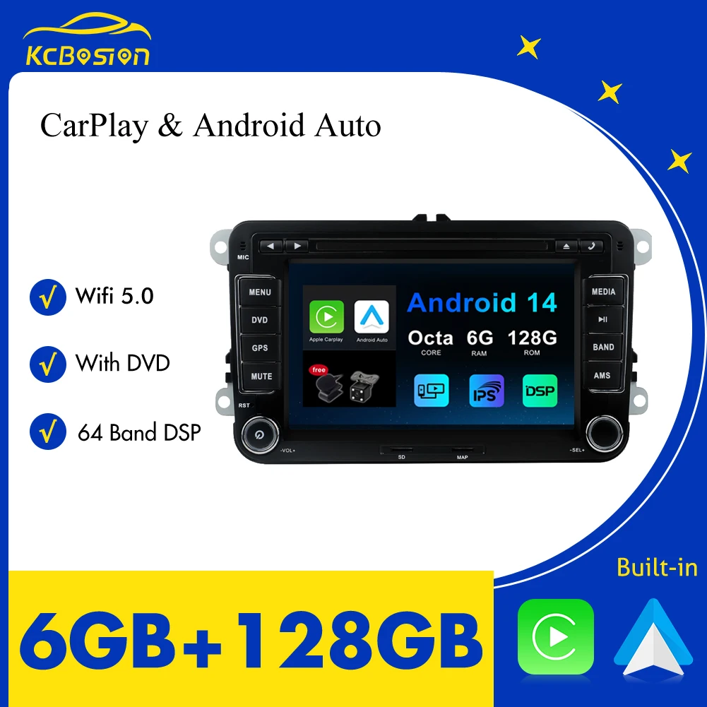 6G+128GB Car Multimedia Player Android 14 Car Radio GPS DVD CD For VW/Golf/Passa/Skoda Carplay DSP Camera+MIC