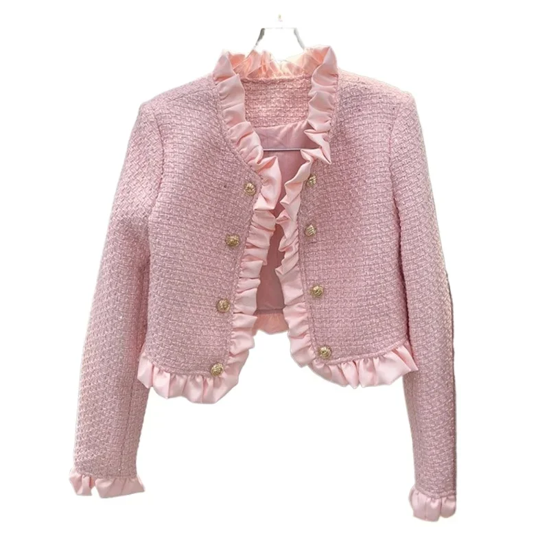 

High Quality and High Appearance Level French Light Mature Fragrance of Celebrity Lace Bag Edge Silver Silk Woven Short Coat Top