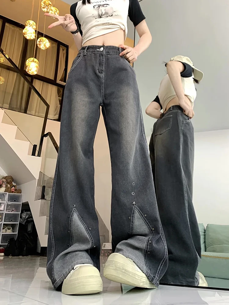 Jmprs Y2K Vintage Rivet Jeans Women High Waist Harajuku Denim Pant Streetwear Female Loose Retro American Casual Gothic Trousers