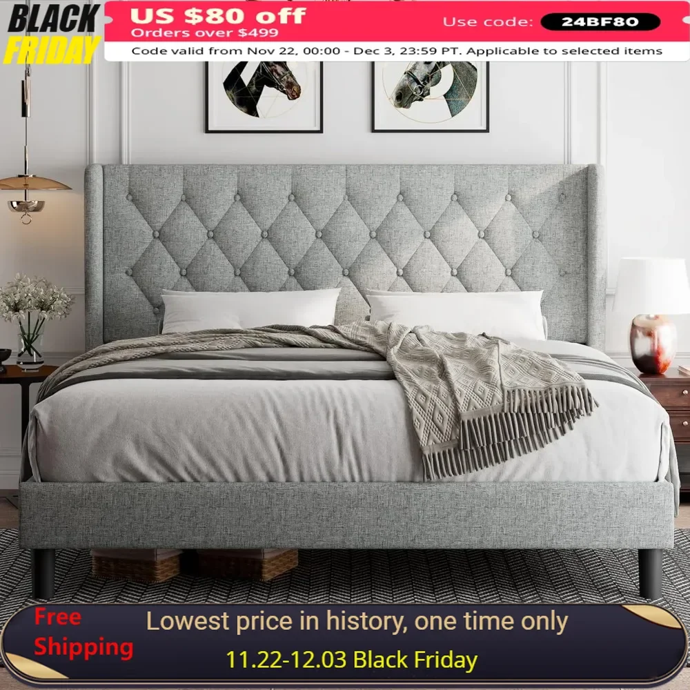 King Size  Bed Frame with Button Tufted Headboard, Solid Wooden Slats No Box Spring Needed, Upholstered Platform Bed Frame