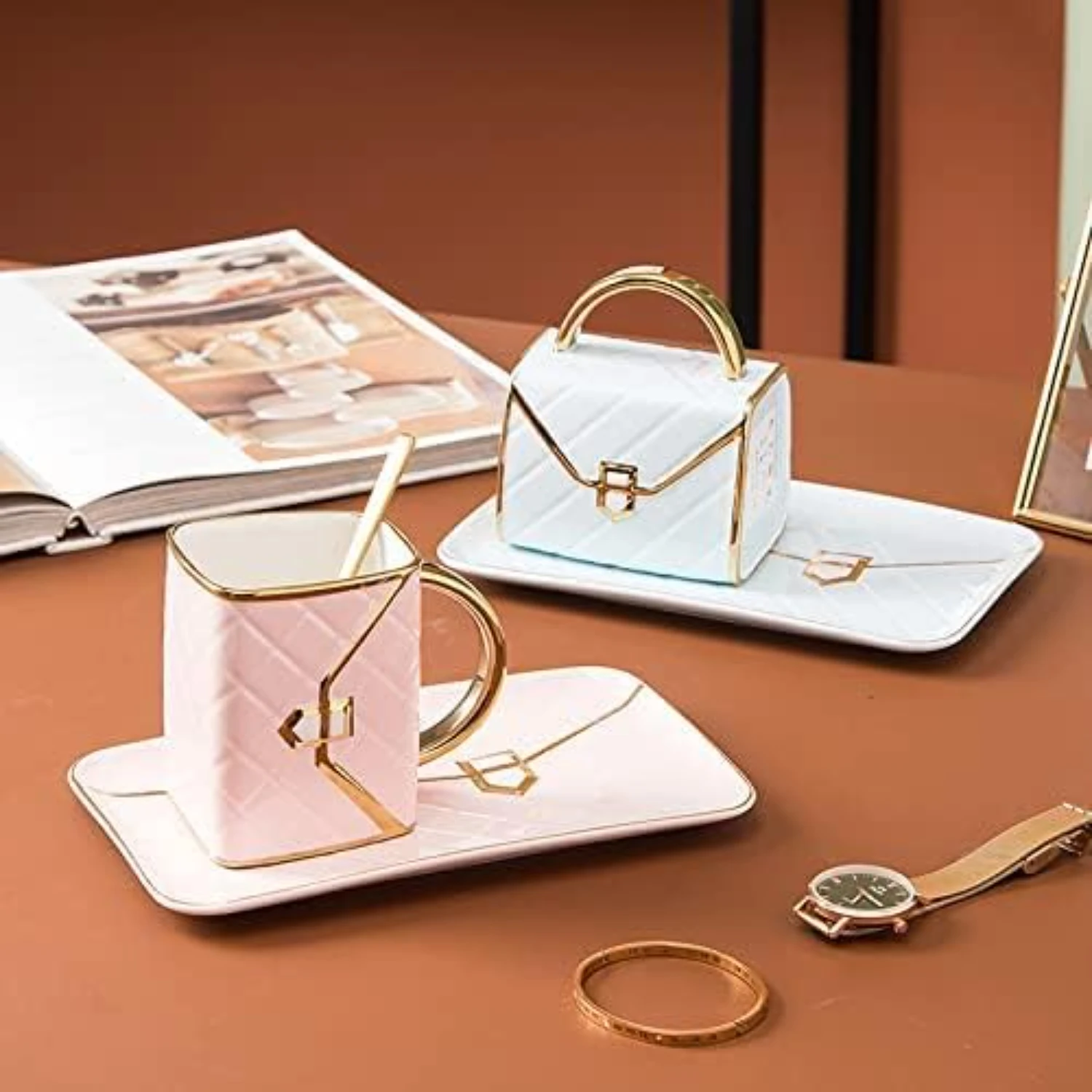 Elegant and luxurious bag-shaped ceramic coffee cup and saucer set for the discerning coffee lover. Indulgent dessert for those