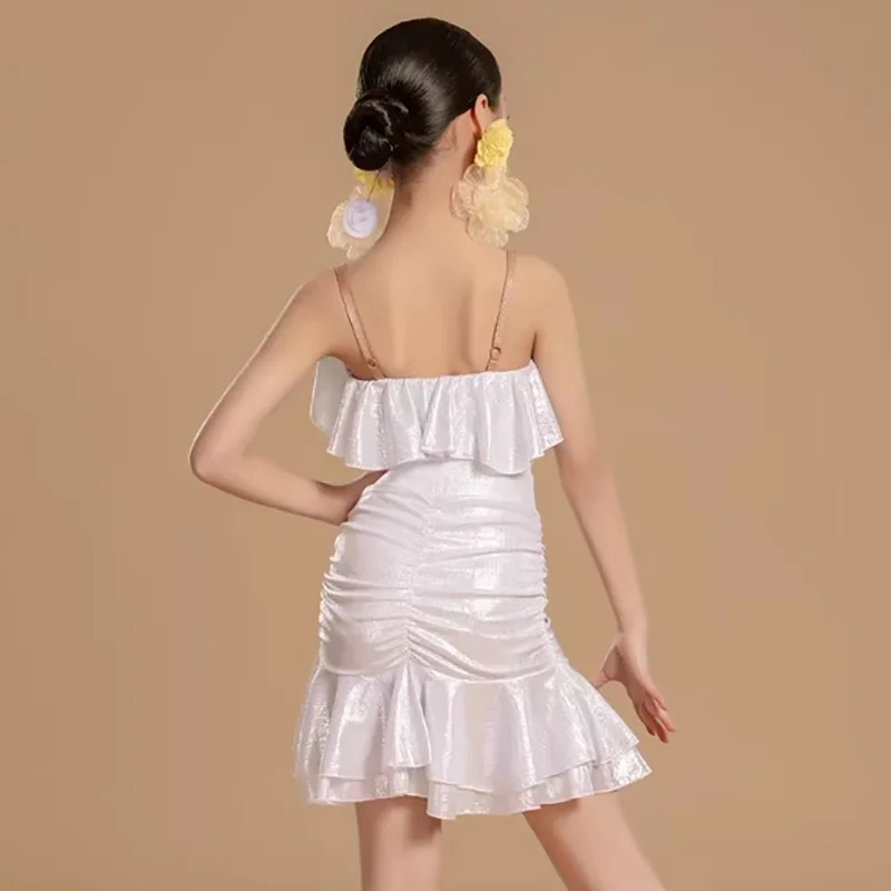 

Kids Girls Latin Dance Costume Sleeveless Backless Jumpsuit and Skirt Foggy Gold Wrapped Buttocks Dancing Performance Dancewear