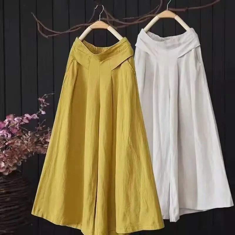 

Vintage Cotton Linen Wide Leg Pants for Women, 2024 Summer Casual Loose High-Waist Capri Trousers