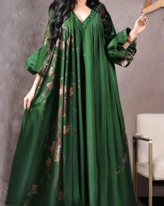 Vestido estampado Vintage para mujer, bata suelta transpirable de Oriente Medio, informal, manga larga, Abaya con cuello en V, Abayas musulmanas