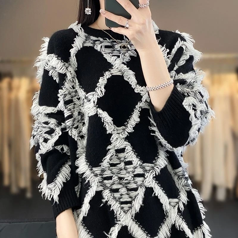 Autumn and Winter 100 Wool O-Neck Women's Pullover Sweater Solid Color Knitted Loose Fashion Long Sleeve Women's Pure Wool New