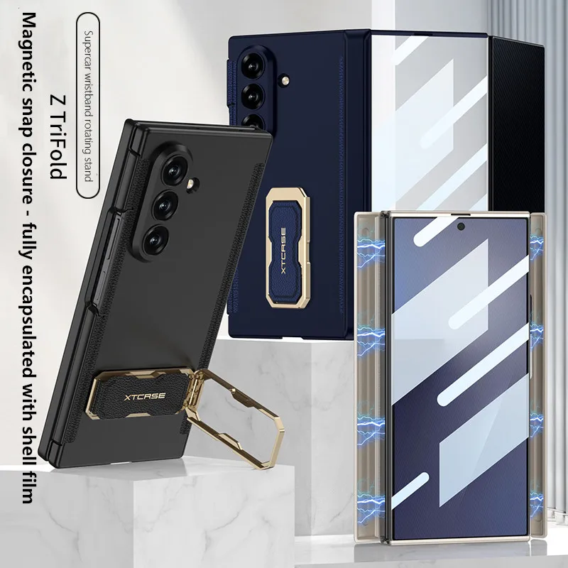 

Magnetic Double Hinge Case For Samsung Galaxy Z TriFold 5G Rotation Ring Holder Wristband Plastic Cover For Galaxy Z Trifold