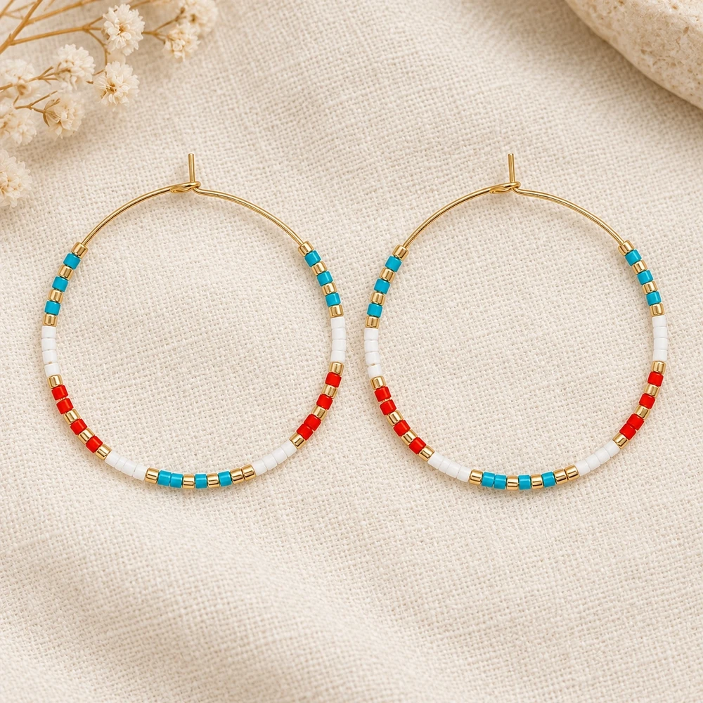 2pcs Round Multicolor Beaded Hoop Earrings 18K Gold Plated Copper Alloy Mixed Materials Trendy Style Women's 37x26mm