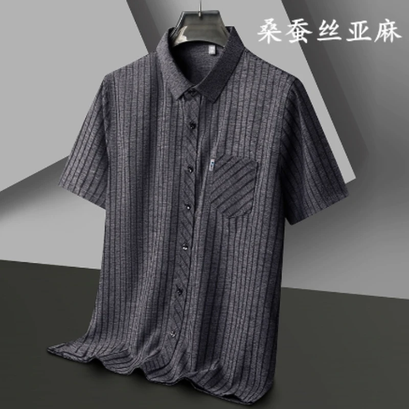 2024 Men\'s Summer High-end Mulberry Silk Linen Shirt with Vertical Stripes, Fashionable Casual Short Sleeved Shirt